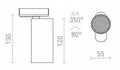 Kohdevalaisimen mittakaava, piirros näyttää mitat: korkeus 130 mm ja leveys 55 mm.