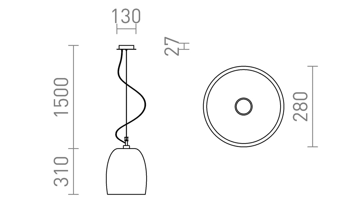 Rendl COROA NEW 28 pendellampa i glas – måttskiss