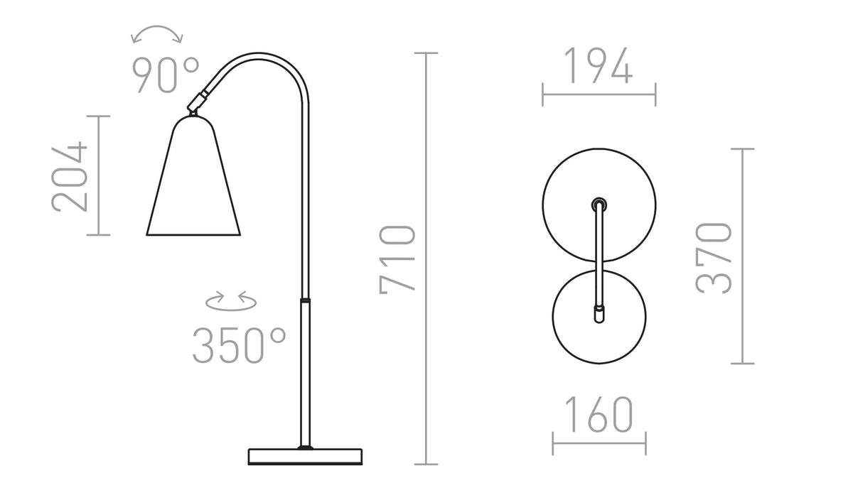 Rendl GARBO E27-bordslampa i metall, svart/krom – måttskiss